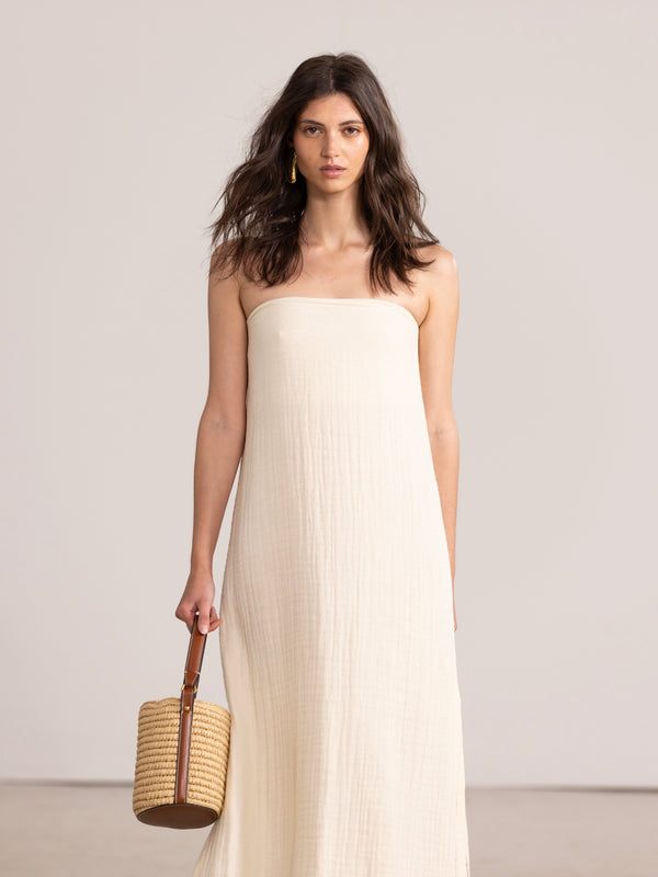 OASIS STRAPLESS MAXI DRESS IN STONE