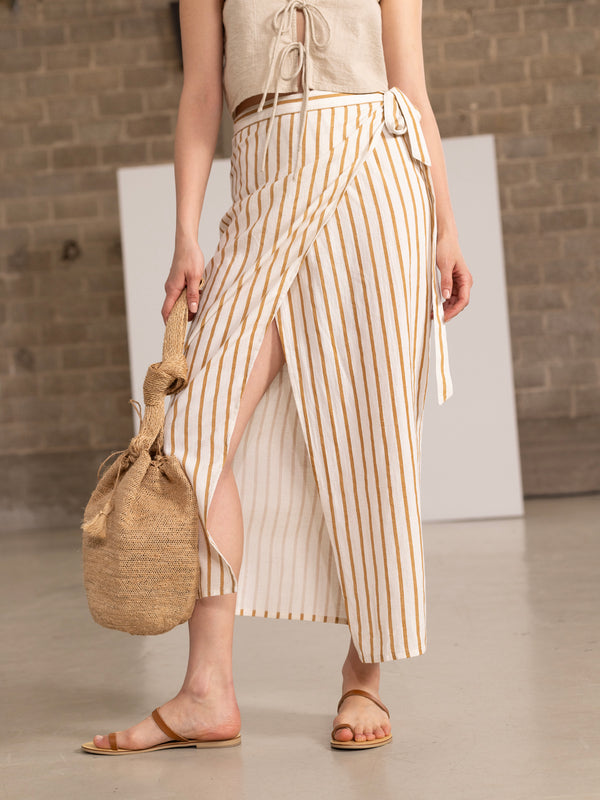 PAROS STRIPED MIDI WRAP SKIRT