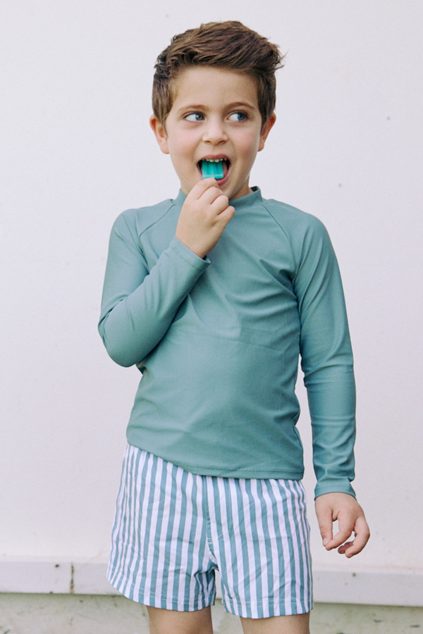 KIDS SWIM SHORTS IN GREEN STRIPES