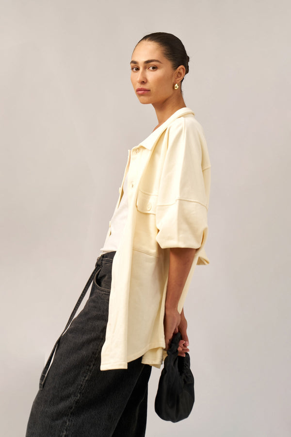 CREAM FRENCH TERRY OVERSIZED BUTTON-UP JACKET