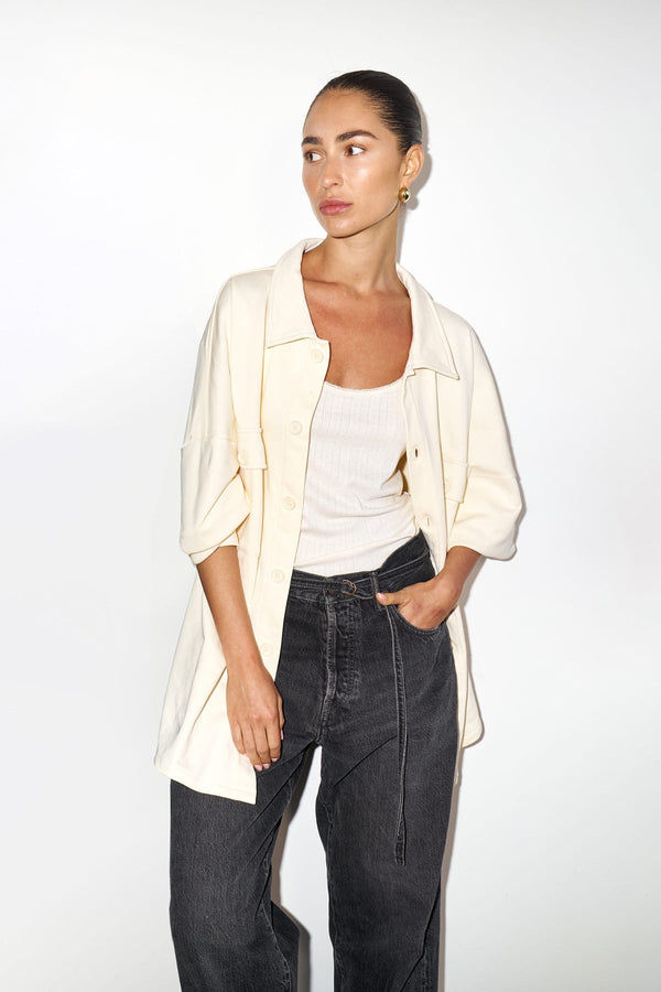 CREAM FRENCH TERRY OVERSIZED BUTTON-UP JACKET