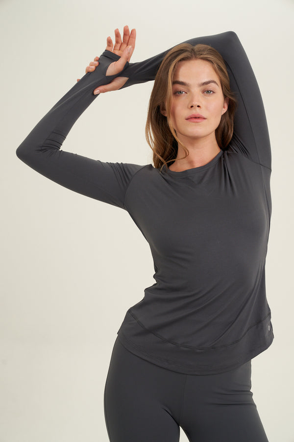 X BY GOTTEX LONG SLEEVE MESH TOP IN CHARCOAL