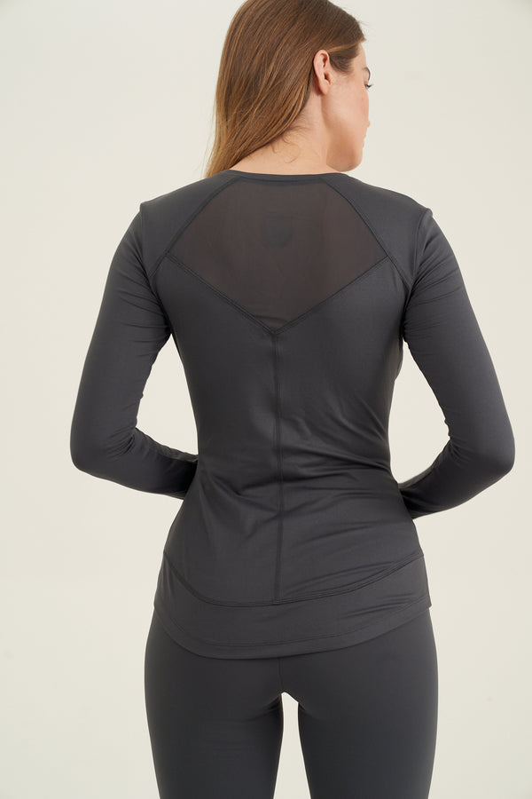 X BY GOTTEX LONG SLEEVE MESH TOP IN CHARCOAL
