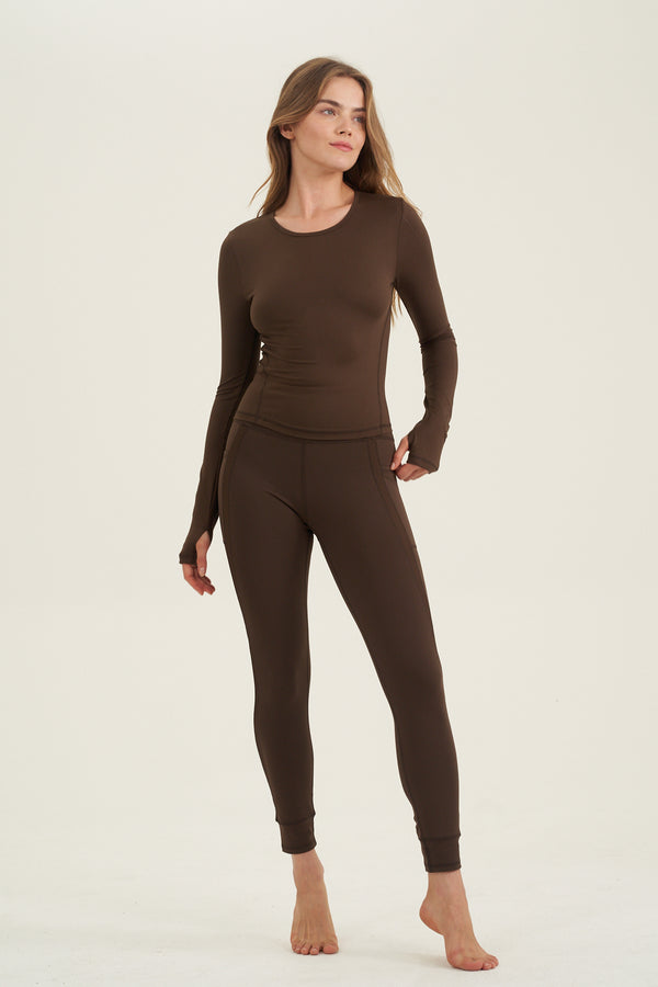 X BY GOTTEX BROWN LEGGING WITH WITH RIB INSERTS