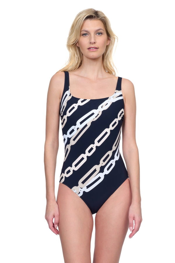 GOTTEX BEJEWELED SQUARE NECK ONE PIECE SWIMSUIT