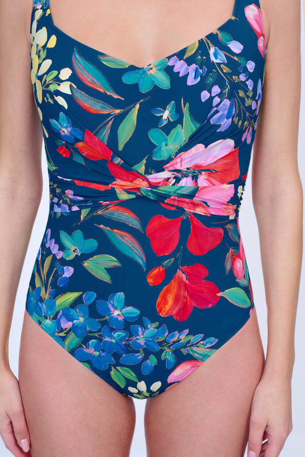 GOTTEX GARDEN DREAM SWEETHEART NECK ONE PIECE SWIMSUIT- NAVY