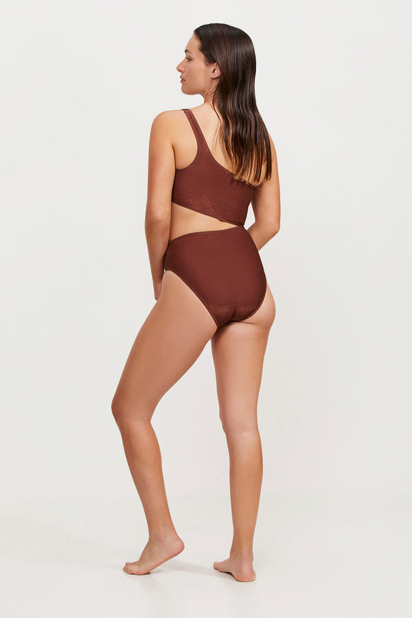 LUMA HIGH END ONE SHOULDER CUT OUT ONE PIECE SWIMSUIT - BRONZE