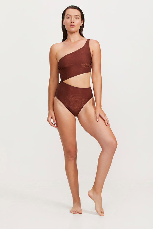 LUMA HIGH END ONE SHOULDER CUT OUT ONE PIECE SWIMSUIT - BRONZE