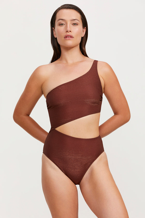 LUMA HIGH END ONE SHOULDER CUT OUT ONE PIECE SWIMSUIT - BRONZE