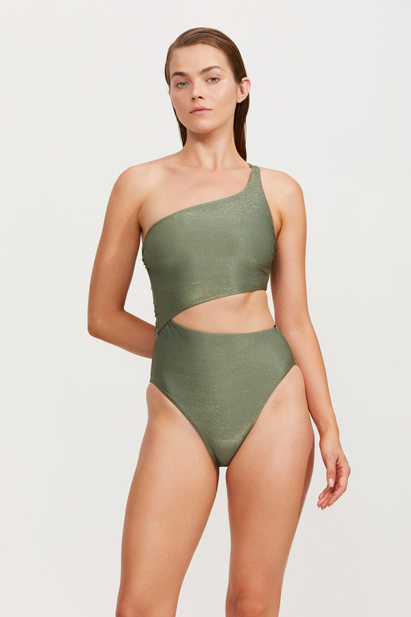 LUMA HIGH END ONE SHOULDER CUT OUT ONE PIECE SWIMSUIT - OLIVE