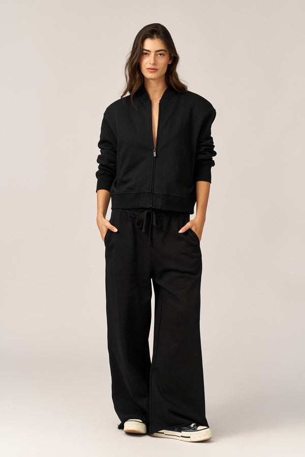BLACK FRENCH TERRY WIDE LEG PANTS