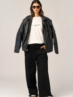 BLACK FRENCH TERRY WIDE LEG PANTS