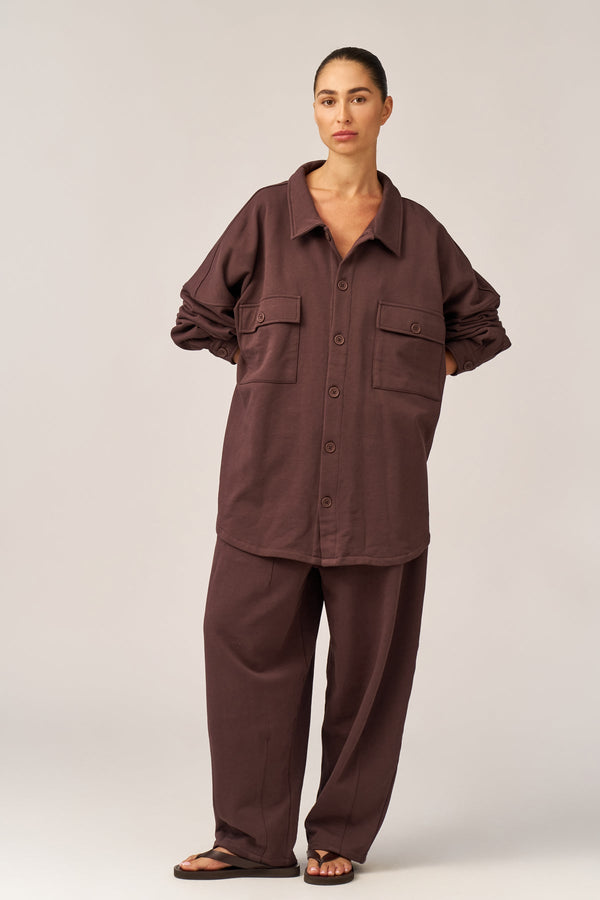 BROWN FRENCH TERRY OVERSIZED BUTTON-UP JACKET