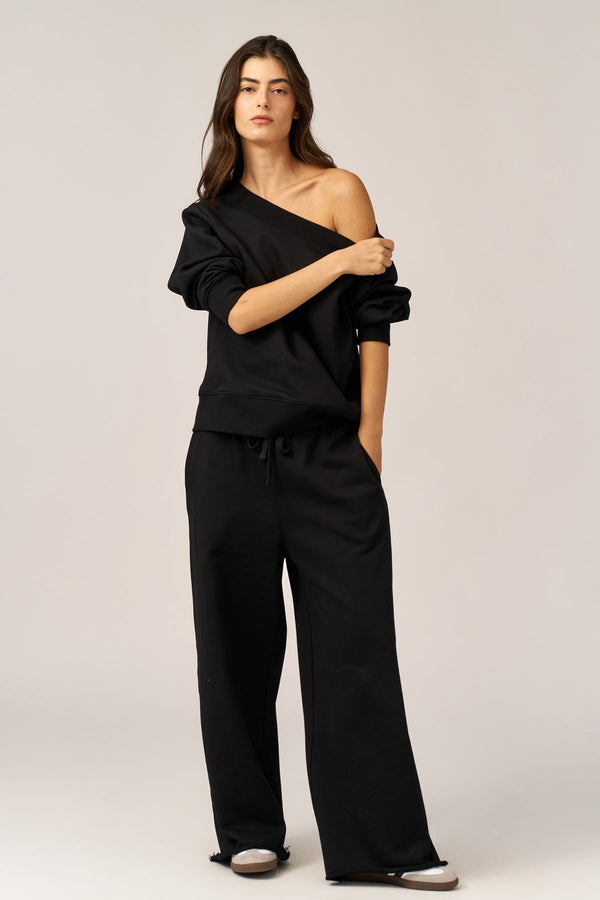 BLACK FRENCH TERRY WIDE LEG PANTS