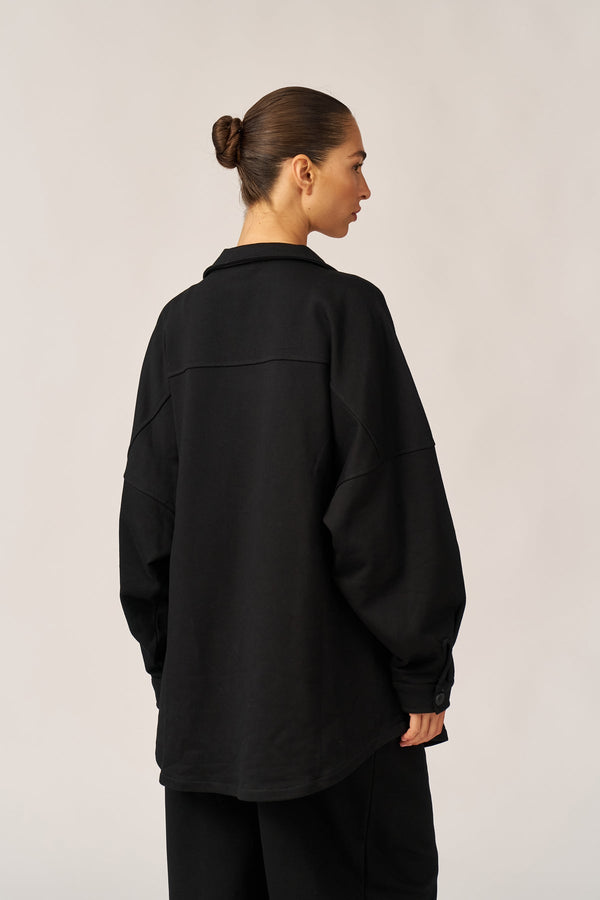 BLACK FRENCH TERRY OVERSIZED BUTTON-UP JACKET