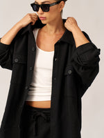 BLACK FRENCH TERRY OVERSIZED BUTTON-UP JACKET