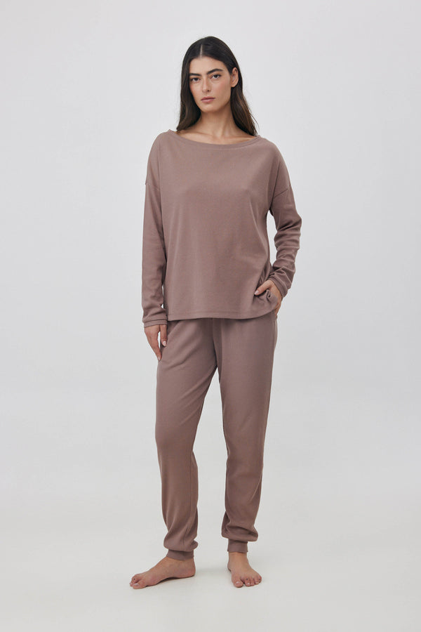 Oat Ribbed Off-Shoulder Top