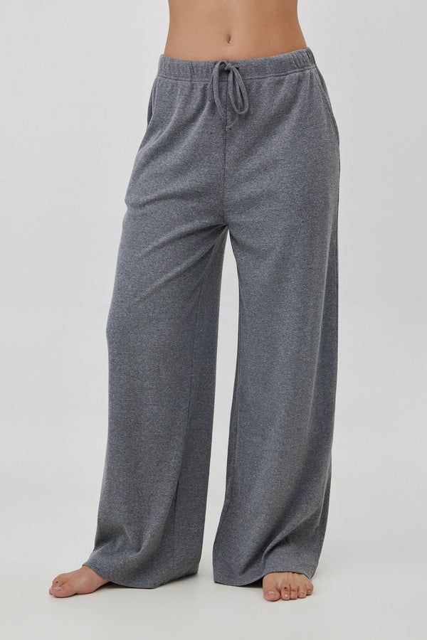Grey Ribbed Wide-Leg Pants