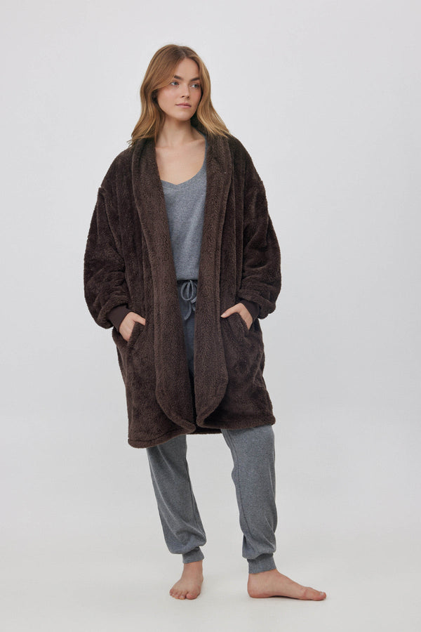 KNEE-LENGTH FLEECE JACKET IN BROWN