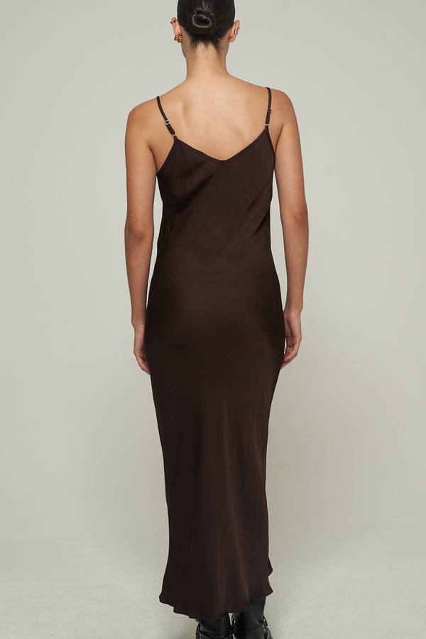 SATIN MAXI SLIP DRESS IN BROWN