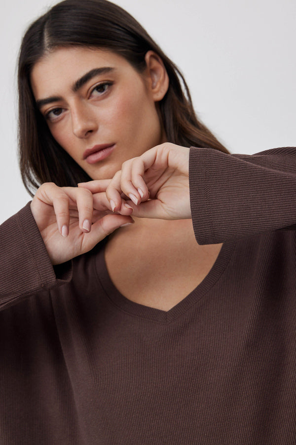 Espresso V-Neck Ribbed Tee