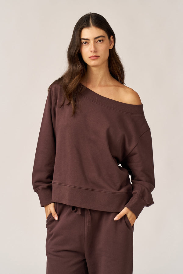 BROWN FRENCH TERRY OFF-SHOULDER TOP