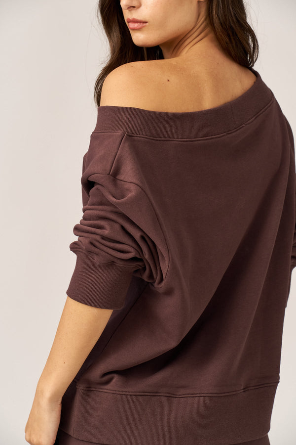 BROWN FRENCH TERRY OFF-SHOULDER TOP