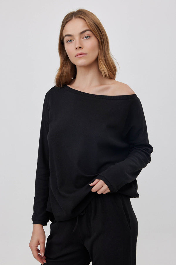 Black Ribbed Off-Shoulder Top
