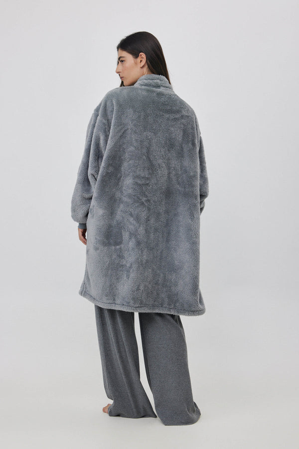 KNEE-LENGTH FLEECE JACKET IN GREY