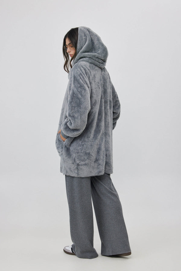 FLEECE JACKET WITH HOODIE IN GREY