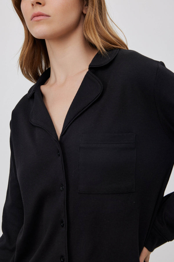 Black Ribbed Button-Up Shirt