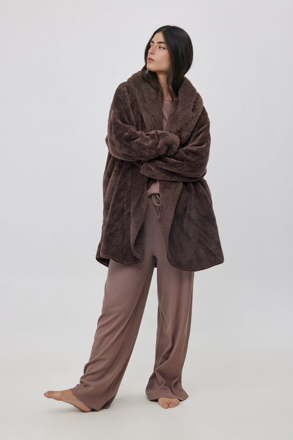 FLEECE JACKET WITH HOODIE IN BROWN