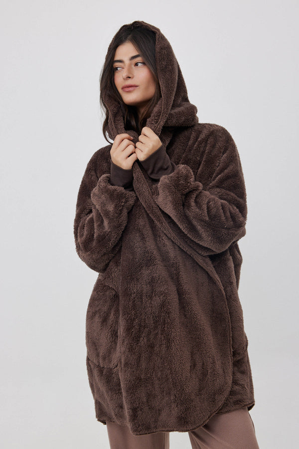 FLEECE JACKET WITH HOODIE IN BROWN