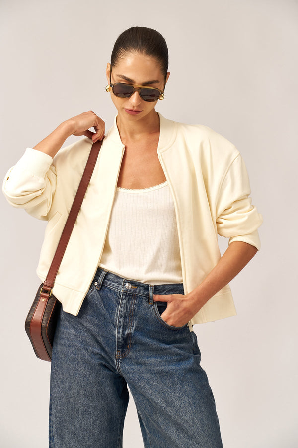 CREAM FRENCH TERRY BOMBER JACKET
