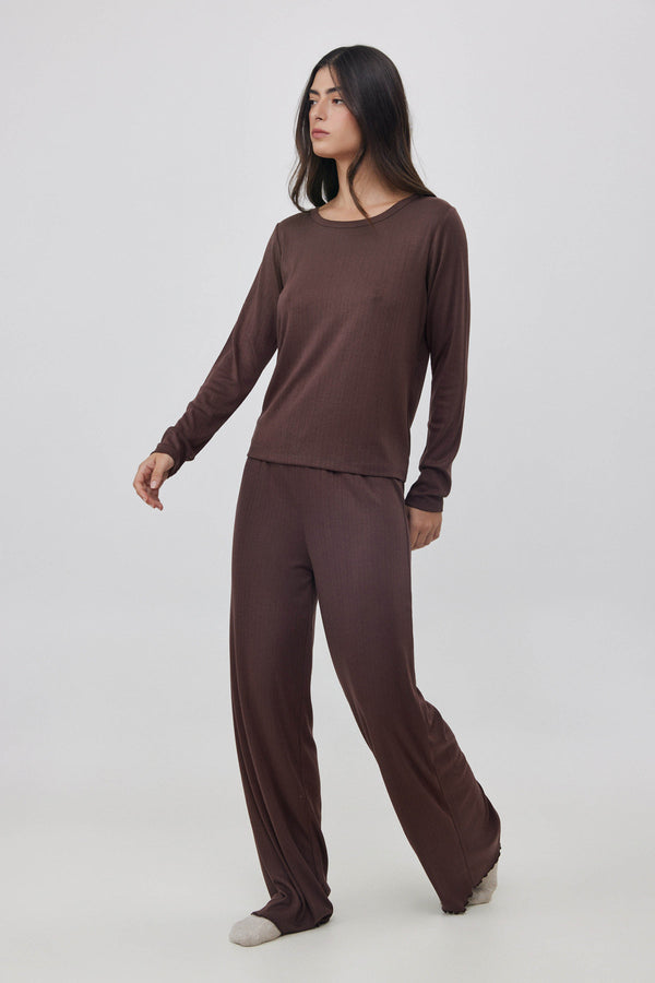 Brown Pointelle Straight Pants