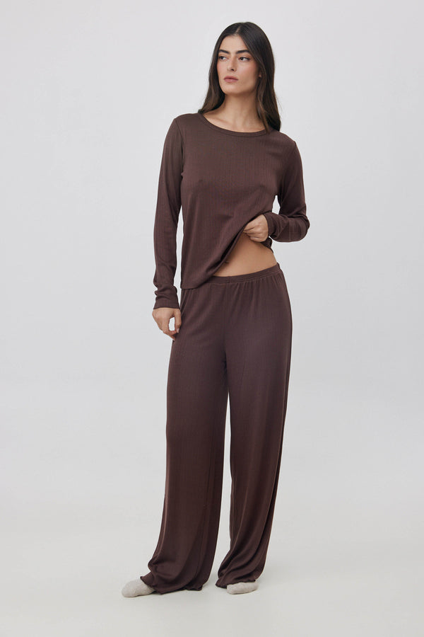 Brown Pointelle Straight Pants