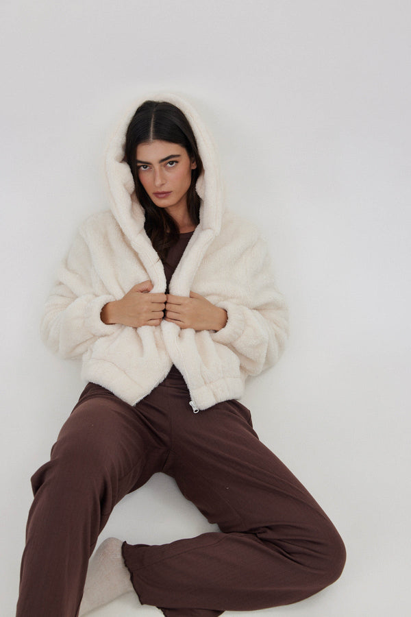 FLEECE JACKET WITH FRONT ZIP IN CREAM