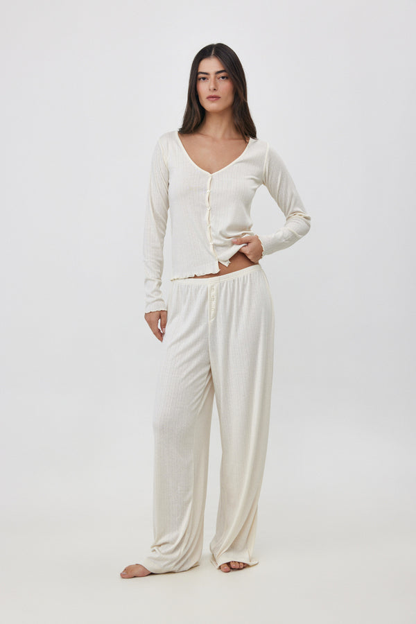 Cream Pointelle Wide-Leg Pants