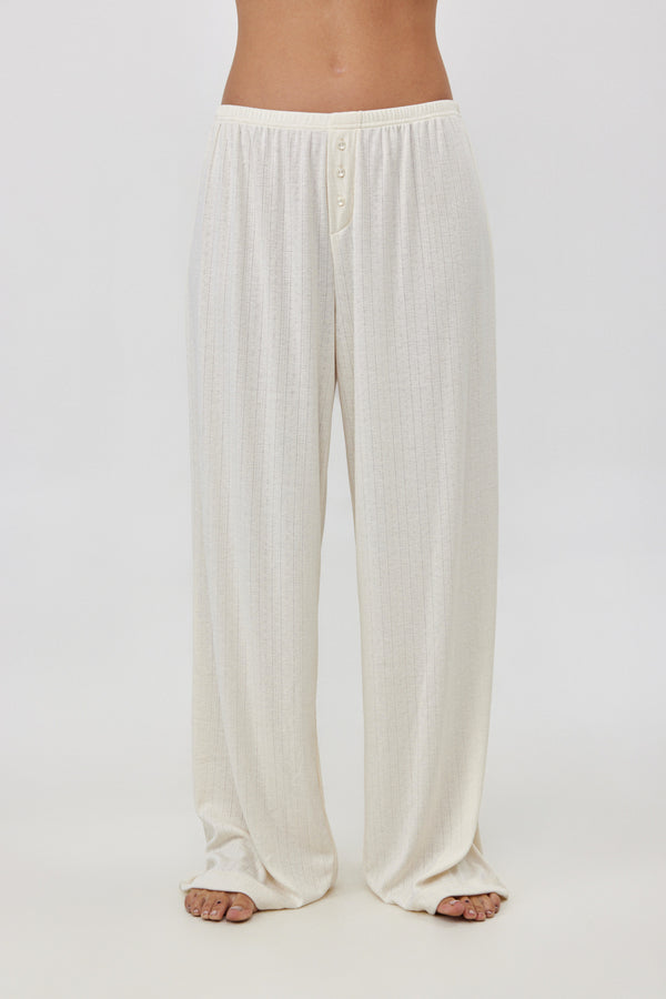 Cream Pointelle Wide-Leg Pants