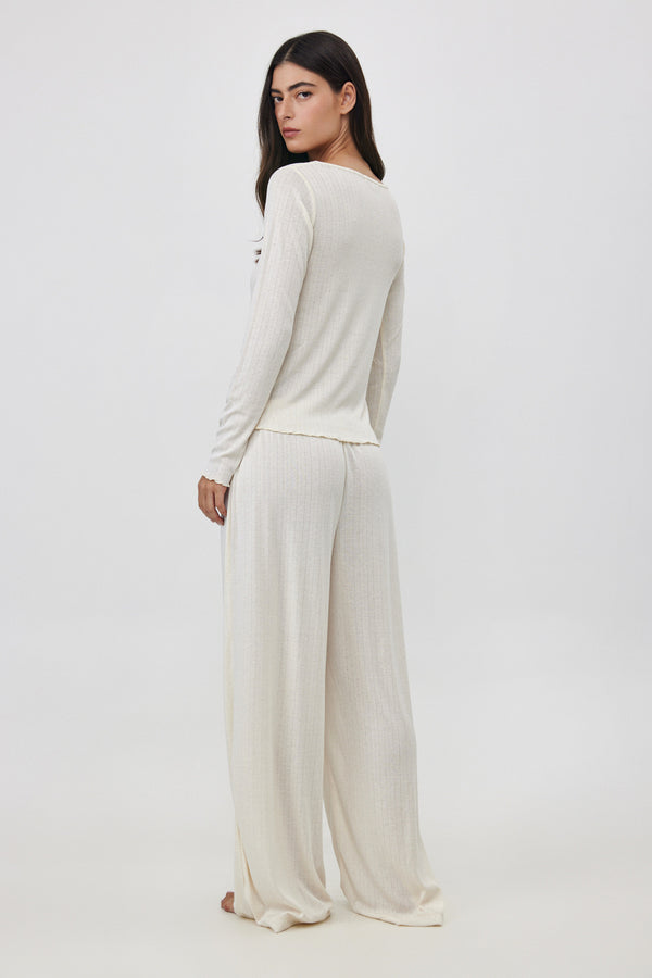 Cream Pointelle Wide-Leg Pants