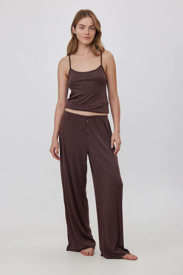 Brown Pointelle Wide-Leg Pants