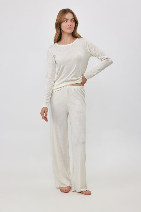 Cream Pointelle Straight Pants