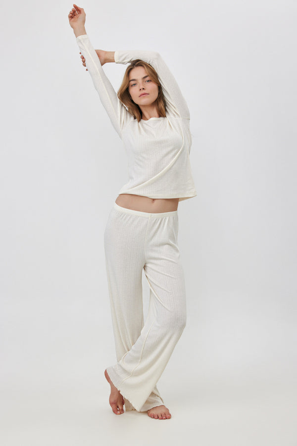 Cream Pointelle Straight Pants
