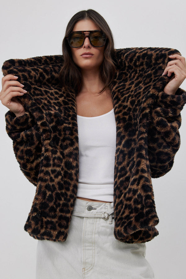SHORT FLEECE JACKET WITH WIDE COLLAR  IN ANIMAL PRINT