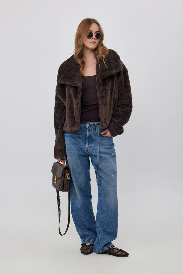 SHORT FLEECE JACKET WITH WIDE COLLAR  IN BROWN