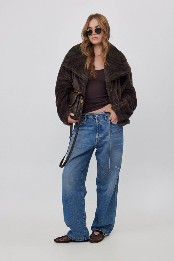 SHORT FLEECE JACKET WITH WIDE COLLAR  IN BROWN