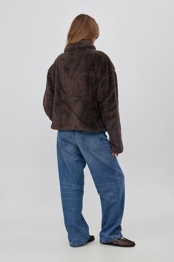 SHORT FLEECE JACKET WITH WIDE COLLAR  IN BROWN