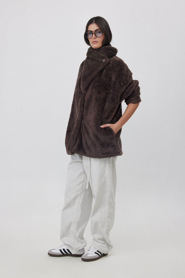 FLEECE JACKET WITH WIDE COLLAR IN BROWN