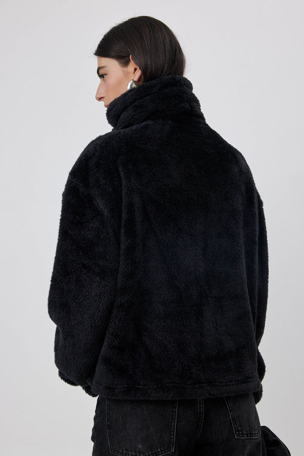 SHORT FLEECE JACKET WITH WIDE COLLAR  IN BLACK