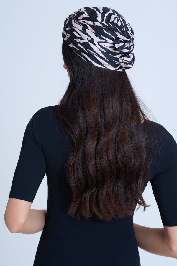 GOTTEX MODEST FLORAL PRINT HEADPIECE WITH TIE STRINGS IN ANIMAL PRINT